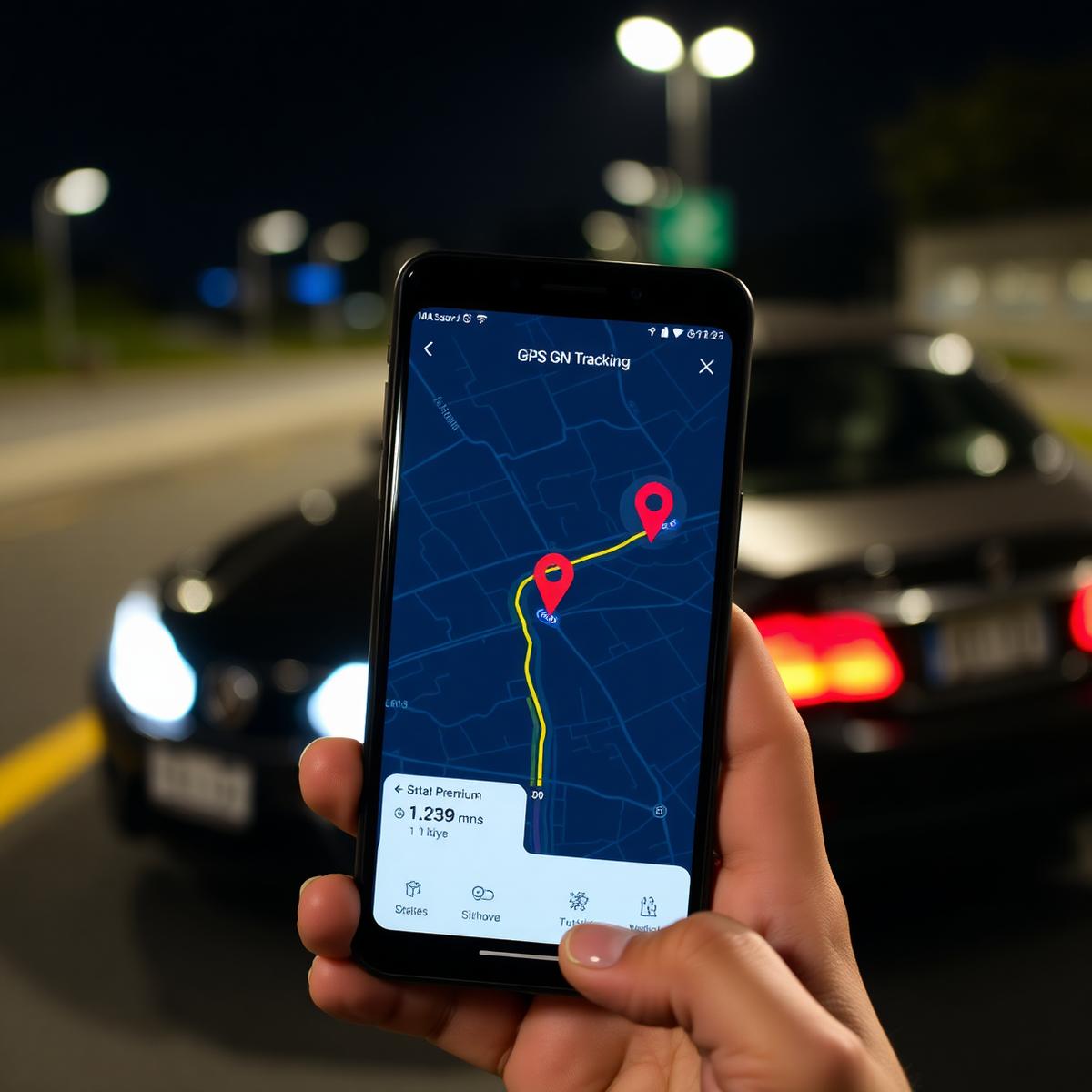 Live GPS vehicle tracking map on a smartphone beside a tracked car at night