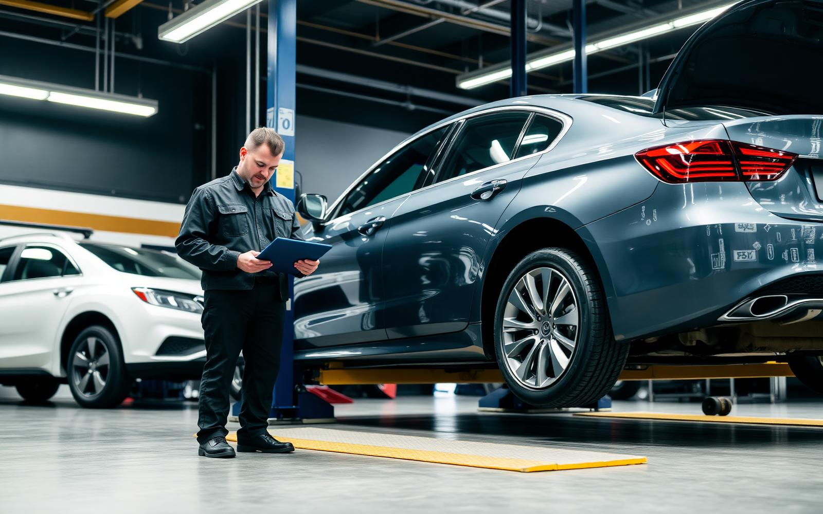 Automotive workshop technician inspecting a vehicle on a lift